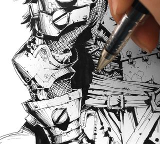 A brush pen inks black shadows onto the body armour