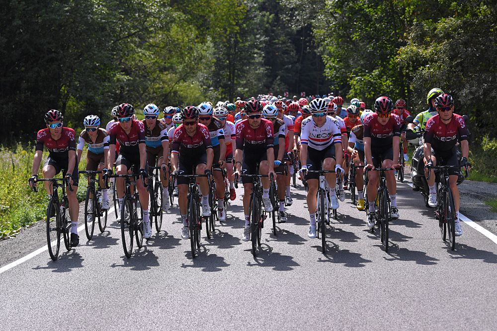 Team Ineos take a turn on the front of the neutralised stage 4 in memory of Bjorg Lambrecht at the Tour de Pologne