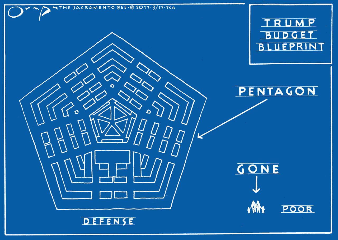 Political Cartoon U.S. Trump Budget cuts Pentagon Military Defense budget