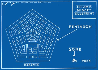 Political Cartoon U.S. Trump Budget cuts Pentagon Military Defense budget