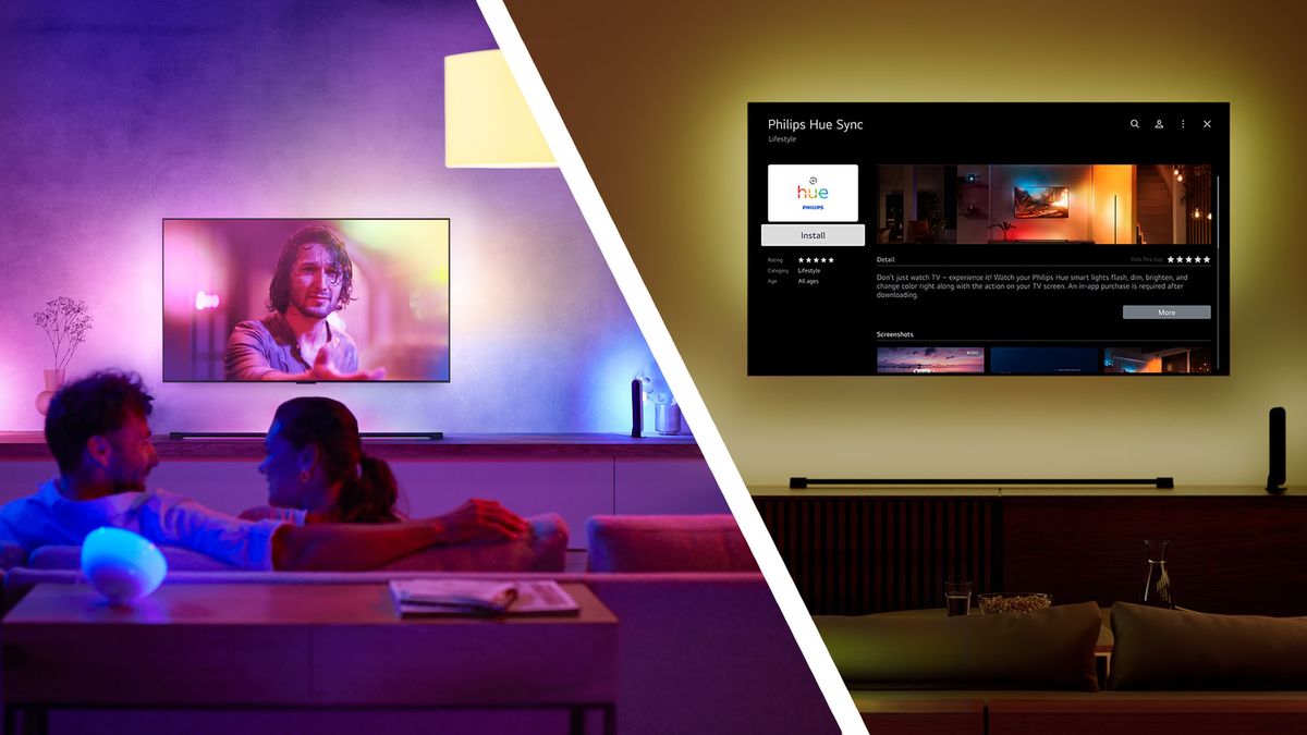 Split image showing couple watching TV with purple Philips Hue lighting on the right, and TV with yellow Philips Hue lighting on the right