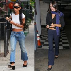 collage of celebrities wearing the heeled ballet flats trend for 2026