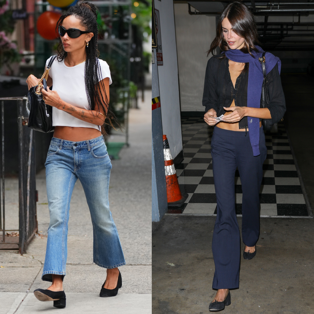 collage of celebrities wearing the heeled ballet flats trend for 2026