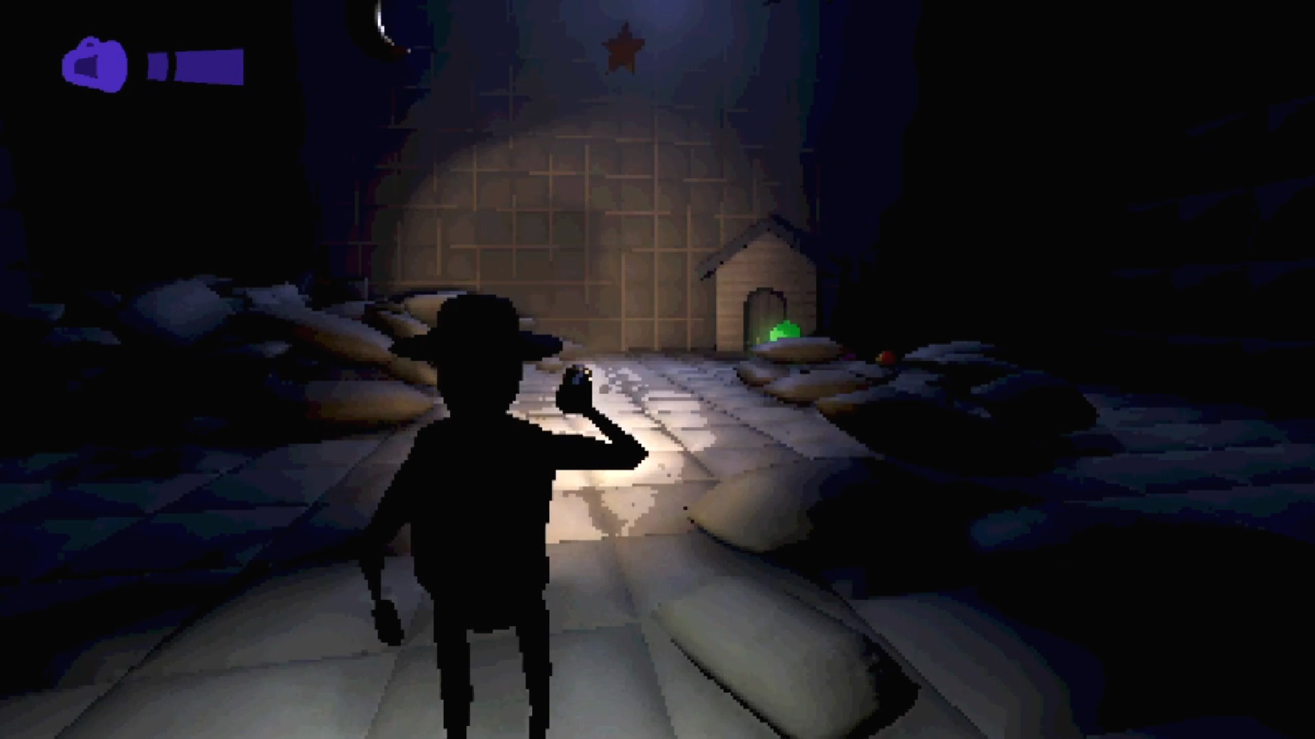 The Upturned screenshot of pixel art character with a flashlight in a mattress-lined room