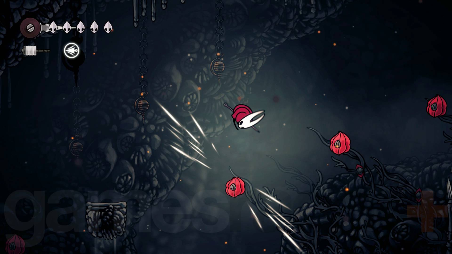 Hollow Knight Silksong pogo jump off red flower chain