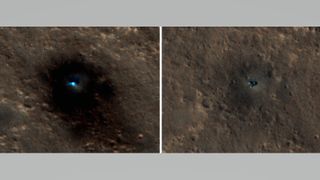 Images taken by the Mars Reconnaissance Orbiter show InSight shortly after landing and in March 2022.