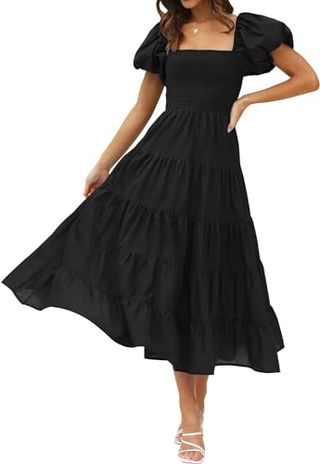 Placitiume Women's 2024 Summer Square Neck Short Puff Sleeve Casual Midi Dress With Smocked Waist and Flowy A-Line Design (black,large,l,regular,regular)