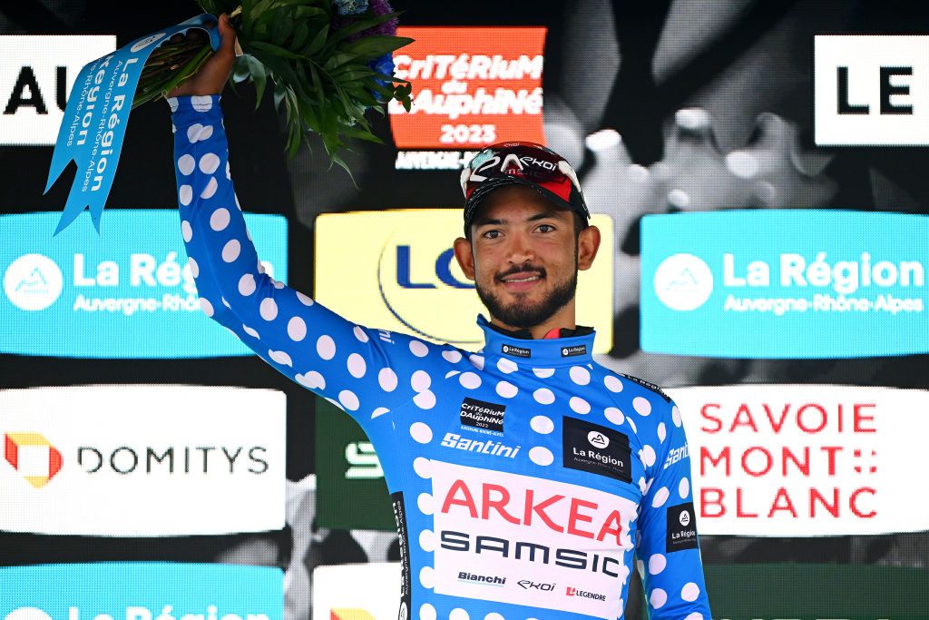 LE COTEAU FRANCE JUNE 06 Donavan Grondin of France and Team Arka Samsic celebrates at podium as Polka dot Mountain Jersey winner during the 75th Criterium du Dauphine 2023 Stage 3 a 1941km stage from MonistrolsurLoire to Le Coteau UCIWT on June 06 2023 in Le Coteau France Photo by Dario BelingheriGetty Images