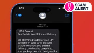 A phone on a red background showing a scam UPS text
