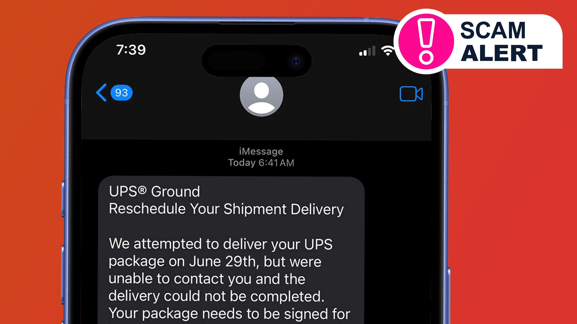 A phone on a red background showing a scam UPS text