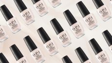A collage of the OPI nail lacquer in shade Tiramisu for two repeated diagonally, on a sheer pink fabric-style background