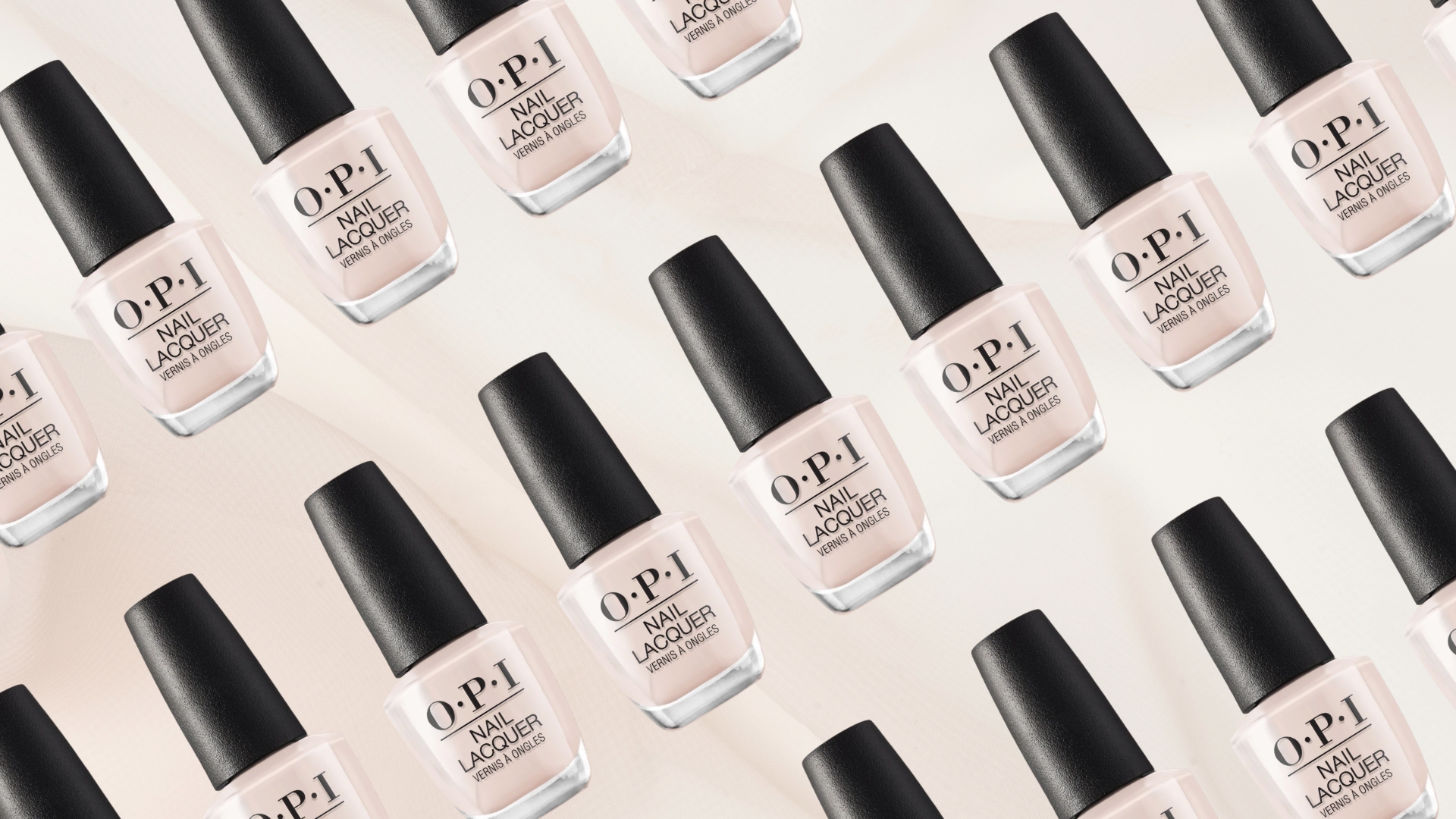 A collage of the OPI nail lacquer in shade Tiramisu for two repeated diagonally, on a sheer pink fabric-style background