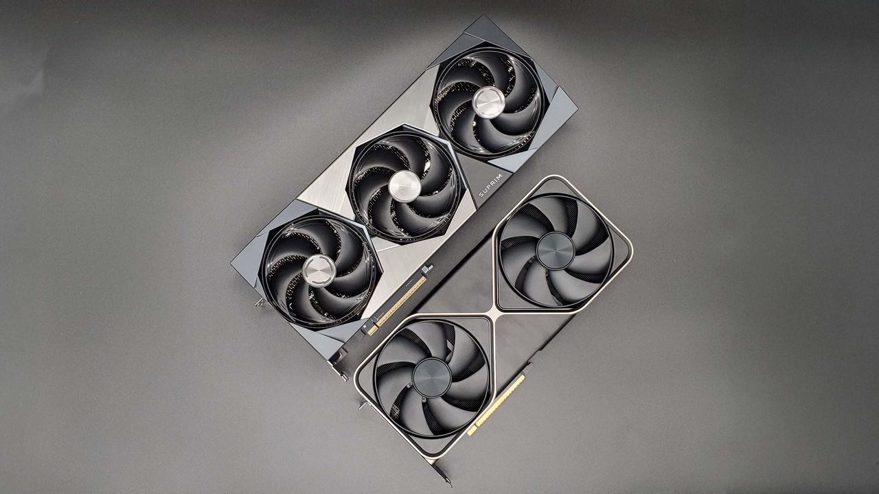 MSI RTX 5090 Suprim SOC graphics card on a grey background with a gradient