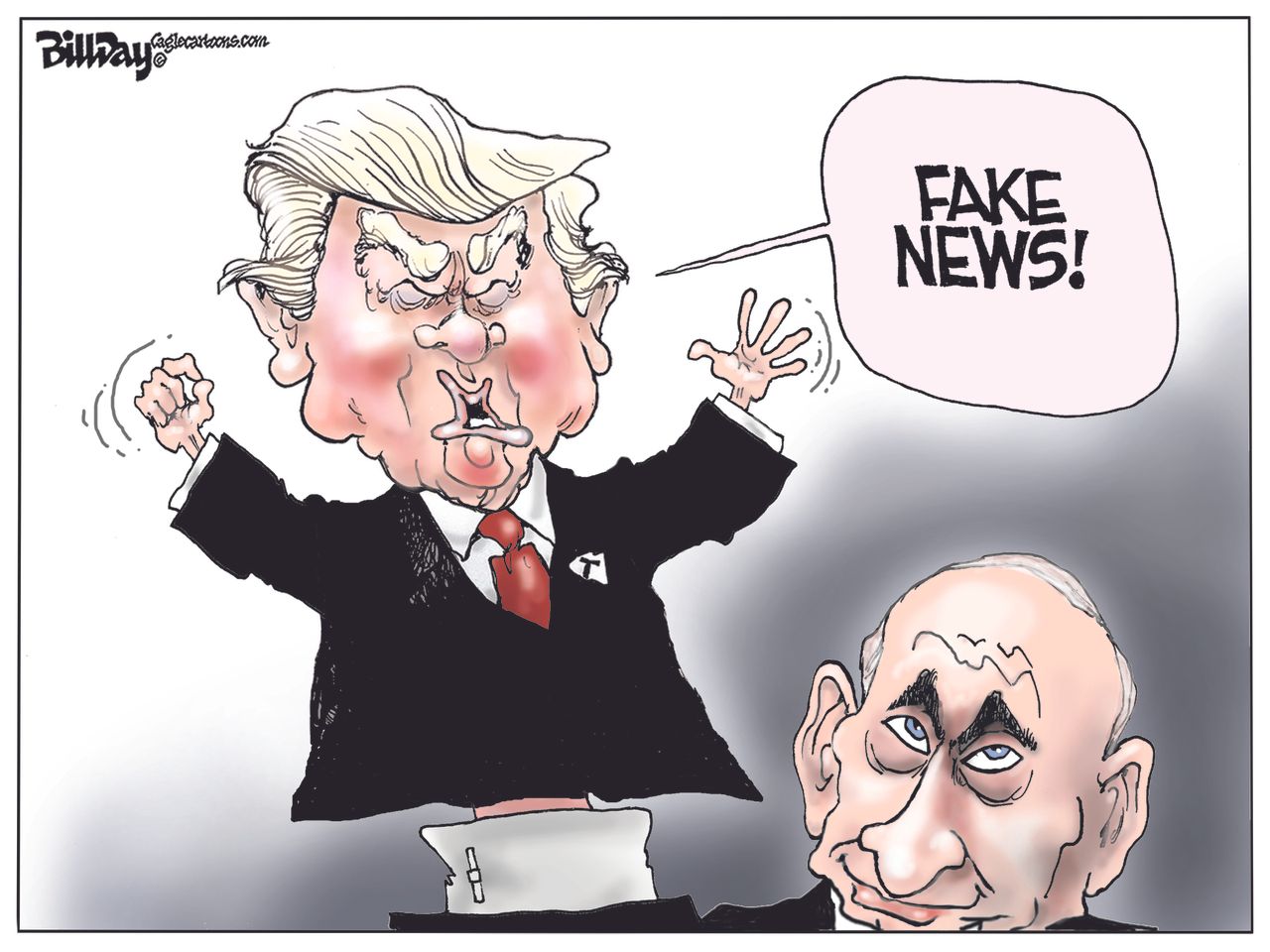 Political cartoon U.S. Russia Donald Trump Vladimir Putin fake news