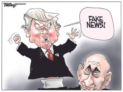 Political cartoon U.S. Russia Donald Trump Vladimir Putin fake news