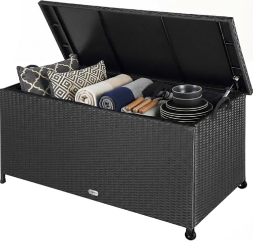 Casaria&amp;reg; Rattan Garden Storage Box 270l, With Wheels &amp;amp; Carry Handles, Waterproof &amp;amp; Uv Resistant, Inner Lining, Pneumatic Gas Pressure Lifting Lid Struts, Outdoor Chest Organiser, 117x53x60cm, Black
