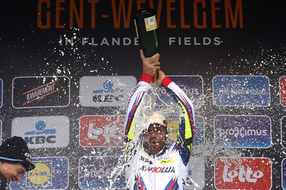 Luca Paolini (Katusha) celebrates his Gent-Wevelgem win with champagne