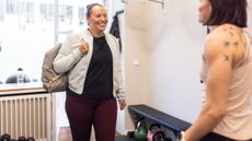 Smiling woman enters gym