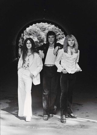 Canadian progressive rock band Rush (l-r: bassist Geddy Lee, drummer Neil Peart, guitarist Alex Lifeson) pose for a portrait on September 17, 1974 in New York City, New York