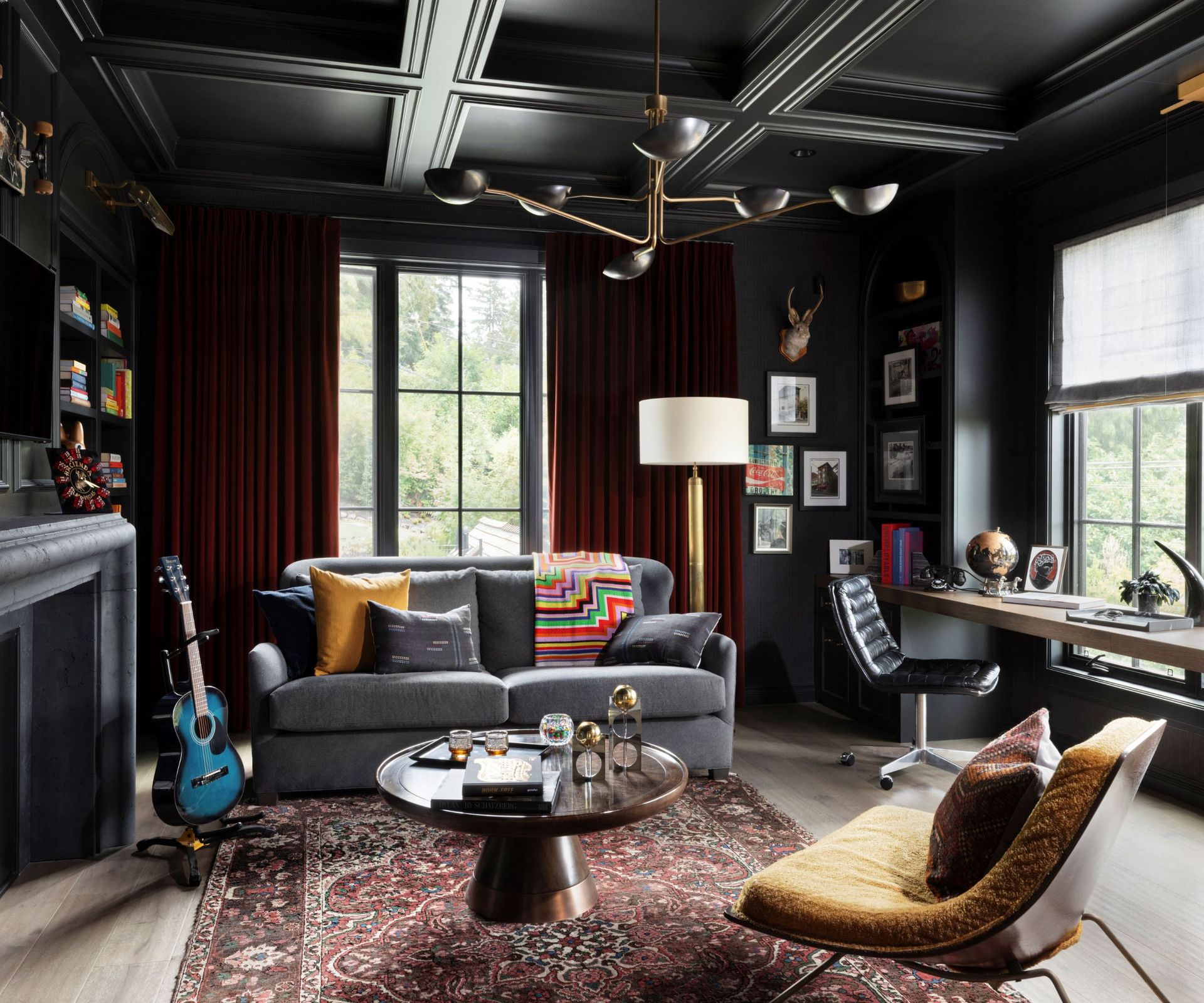 office with dark walls and ceiling