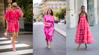a composite of street style influencers wearing the best barbiecore dresses trend