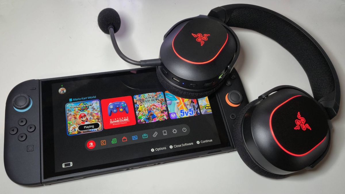 Photo of the Razer Barracuda X Chroma headset sitting on a Nintendo Switch 2 taken by Rosalie Newcombe.