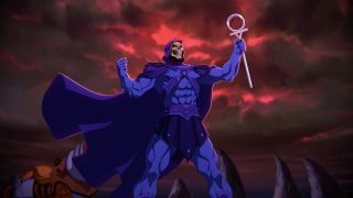 Skeletor stands in front of lightning lit clouds, holding a scepter in Masters of the Universe: Revelation.