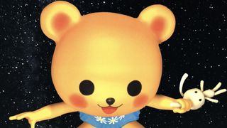 A teddy bear holding a toy rabbit floats in space