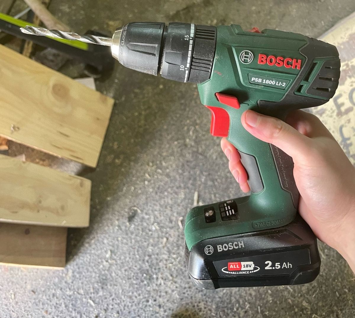 A Bosch drill with a drill bit
