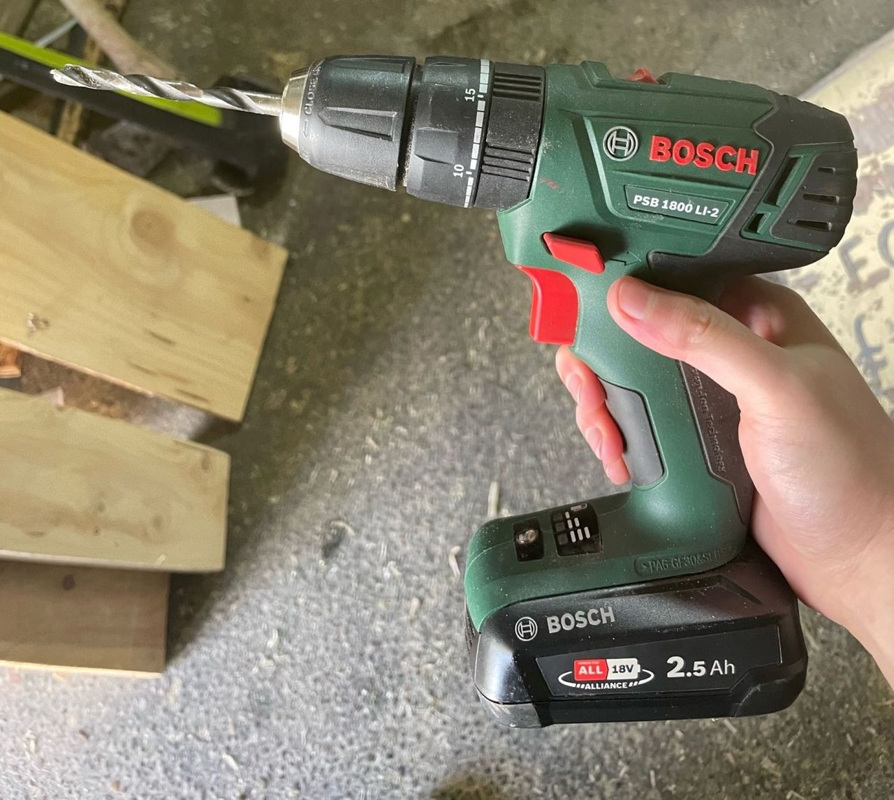 A Bosch drill with a drill bit
