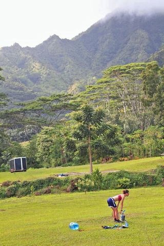 Lea Davison enjoys a weight lifting session in the best gym in the world during a training block on Kauai.