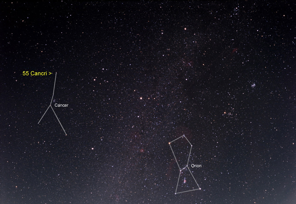 This wide-angle photograph of the night sky shows the location of 55 Cancri, a star where astronomers have found five planets, including a hot, dense super-Earth.