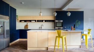 bare wood and blue kitchen