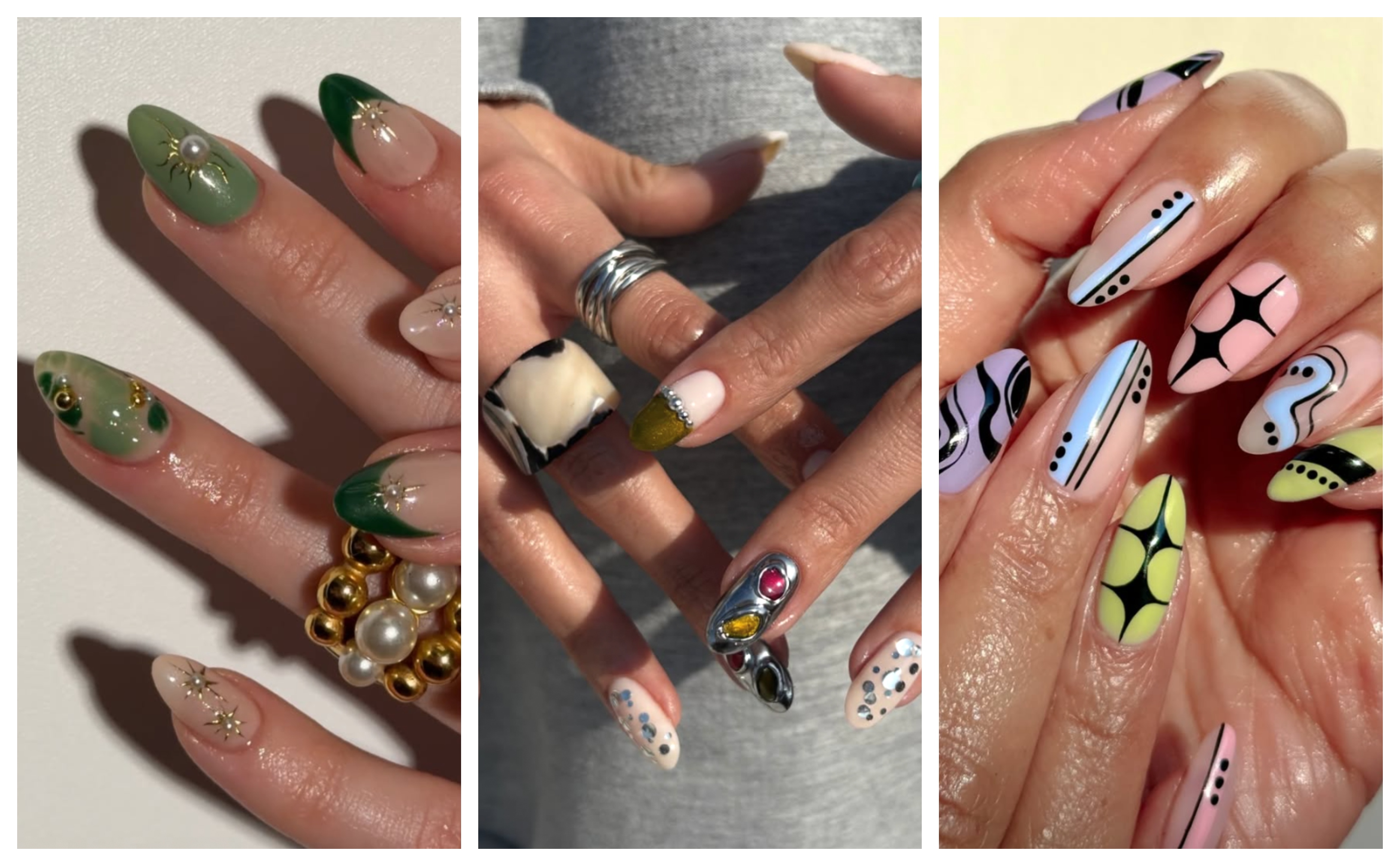 a trio of manicures with gold accents and green nail polish