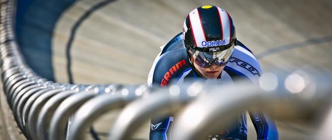 Jennifer Valente not only adds to her points in the omnium competition by winning the flying lap, she also breaks a track record at the Giordana Velodrome in Rock Hill, SC