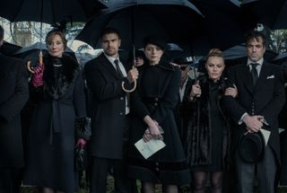 Theo James, Daniel Ings, Joely Richardson and Chanel Cresswell in The Gentlemen cast