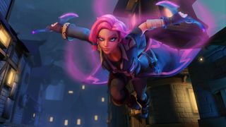 Paladins screenshot of Maeve flying through the sky holding twin blades