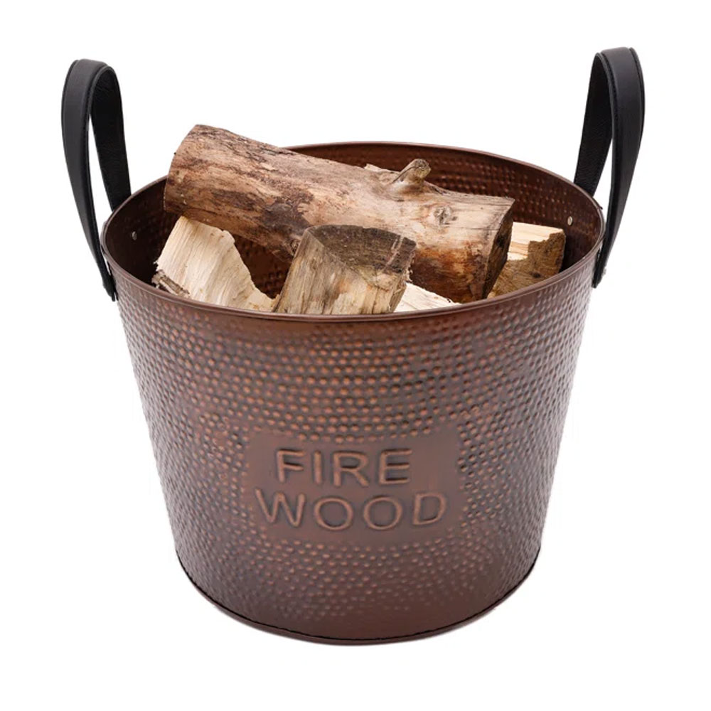 Metal log storage bucket with leather handles