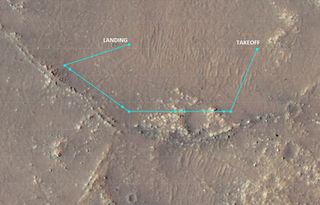 This annotated image of Mars’ Jezero Crater depicts the ground track and waypoints for Ingenuity’s tenth flight on July 24, 2021.