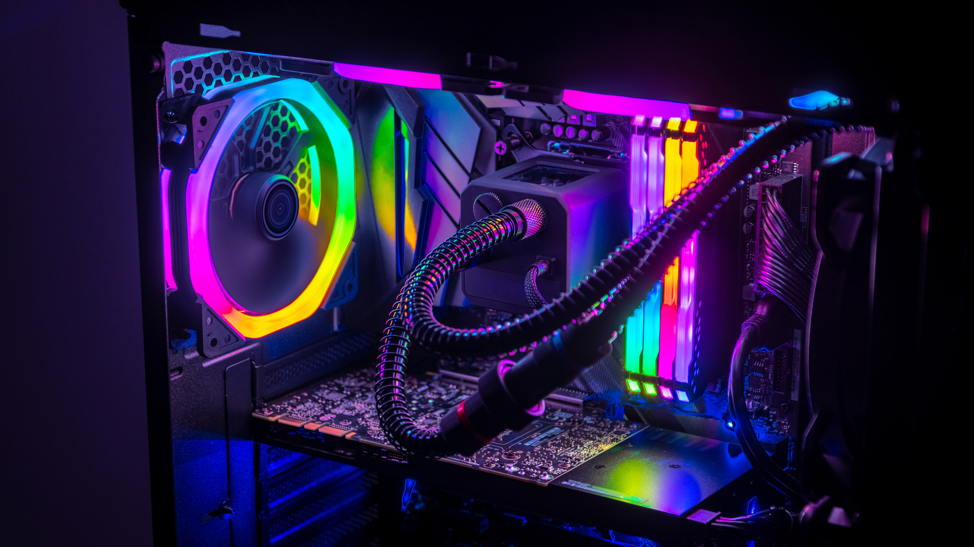 The inside of a gaming PC with lots of RGB lighting