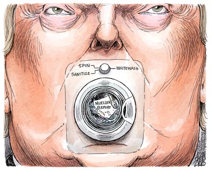 Political Cartoon U.S. Trump Mueller report spin cycle