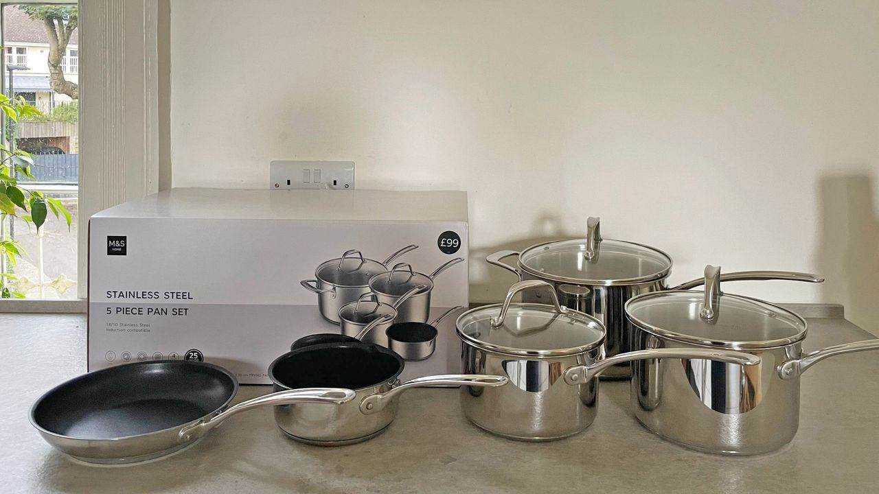 M&amp;S Stainless Steel Pan Set on the counter