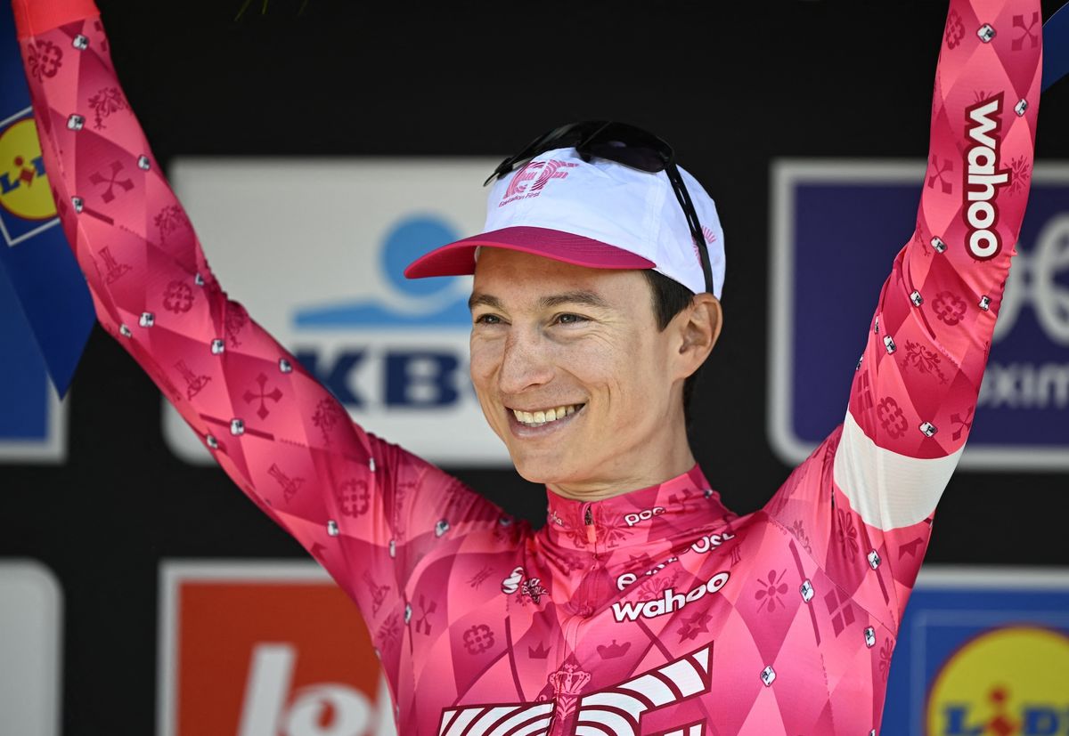American Neilson Powless of EF Education-EasyPost celebrates on the podium after winning the men elite race of the &#039;Dwars Door Vlaanderen&#039; cycling event, 184,2km from Roeselare to Waregem, Wednesday 02 April 2025. BELGA PHOTO JASPER JACOBS (Photo by JASPER JACOBS / BELGA MAG / Belga via AFP) (Photo by JASPER JACOBS/BELGA MAG/AFP via Getty Images)