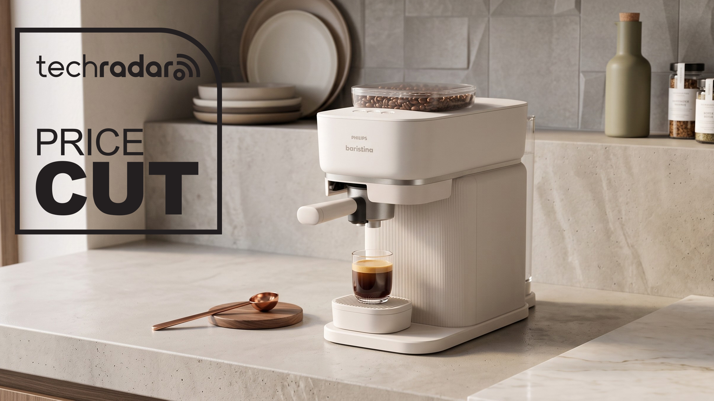 White Philips Baristina coffee machine on a kitchen counter.