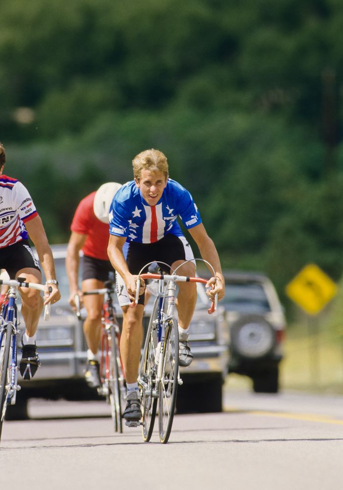 Greg Lemond of the U.S. trains on the course prior to the 1986 World Cycling Championships road race in September 1986 on the grounds of the U.S. Air Force Academy in Colorado Springs, Colorado.