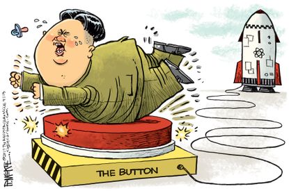 Political Cartoon International North Korea Kim Jong Un nuclear war button