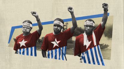 Photo collage of three Papuan students at a rally, wearing Morning Star flag T-shirts, marching solemnly with their fists raised. In the background, there is a vintage photo of an Indonesian warship.