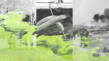 Photo collage of IDF soldiers, burst pipes, and an algal bloom