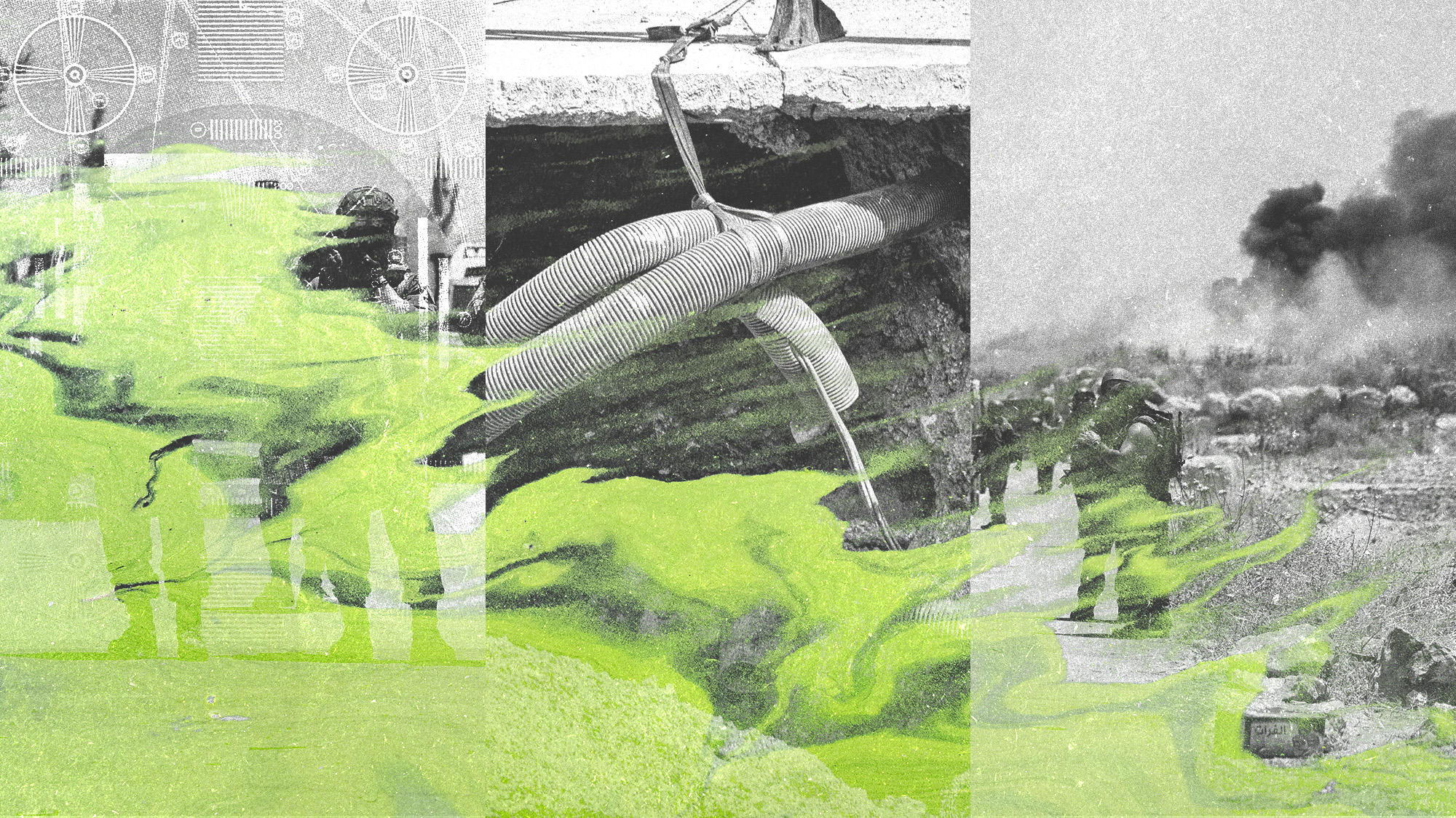 Photo collage of IDF soldiers, burst pipes, and an algal bloom
