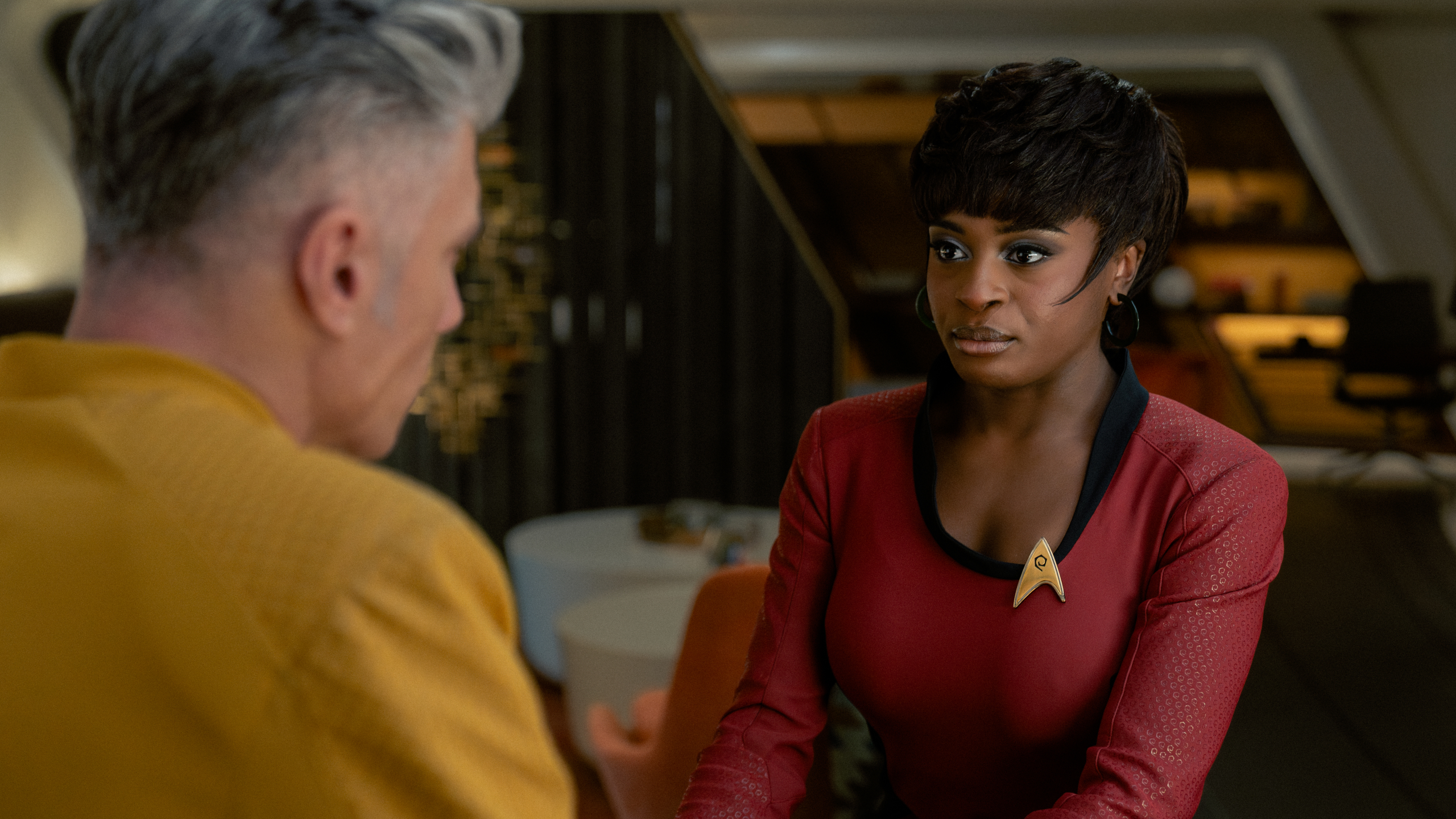 (L-R): Anson Mount as Captain Pike and Celia Rose Gooding as Uhura in Star Trek: Strange New Worlds, episode 10, season 4